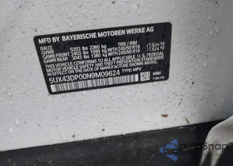 2022 BMW X3 Sdrive30I из США, поврежденный, VIN 5UX43DP00N9M09624